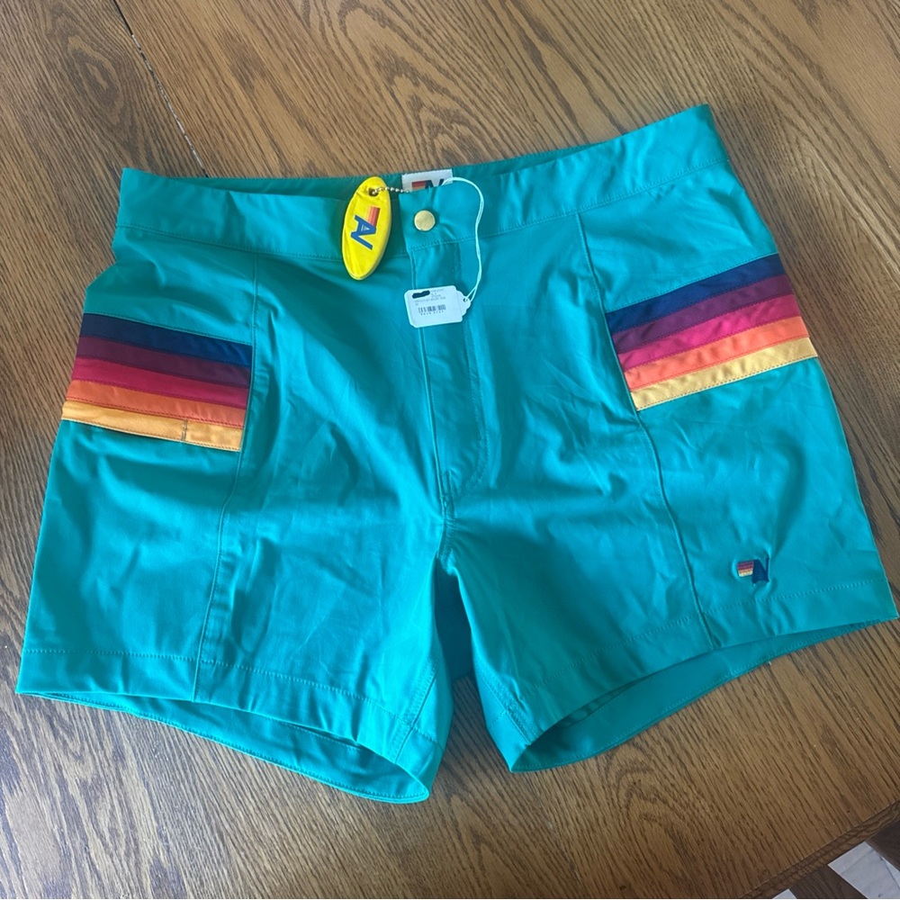 Aviator Nation Teal Men's Swim Board Shorts with Rainbow Pocket Stripes